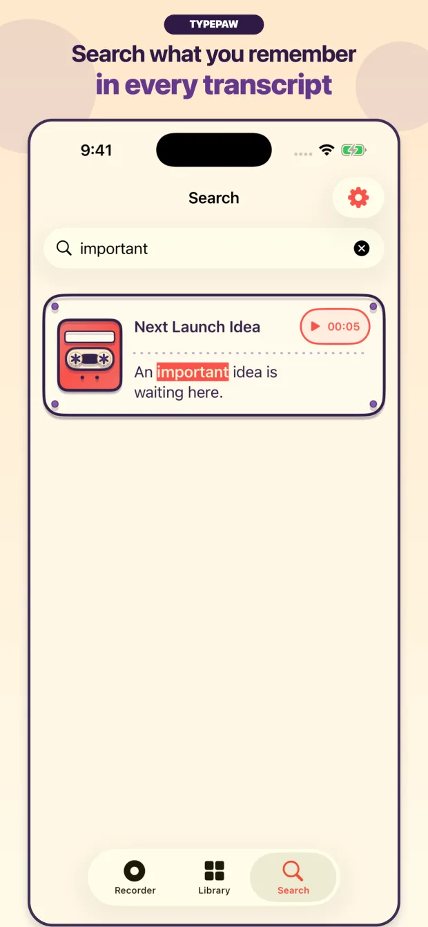 TypePaw transcript search